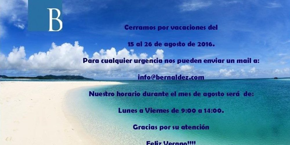 Cerramos por vacaciones del 15 al 26 de Agosto de 2016.